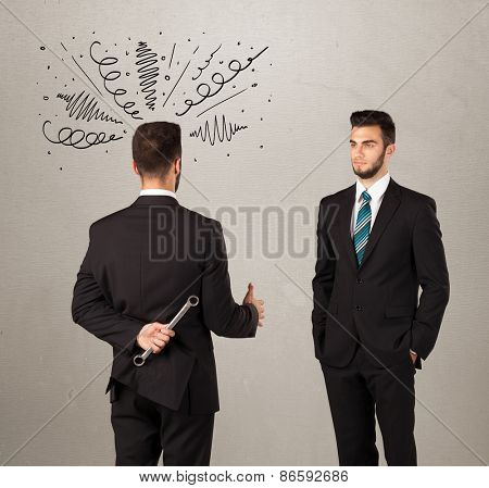 Ruthless businessman handshake with a hiding weapon and drawn curly lines around his head