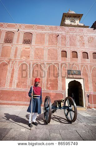 Rajasthani Man In Turban Near The Cannon