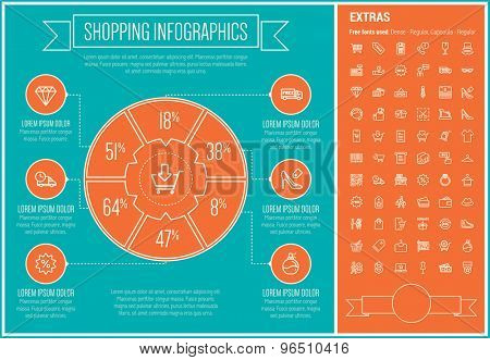 Shopping infographic template and elements. The template includes the following set of icons - cash register machine, QR code, barcode, hat, store stall, diamond and more. Modern minimalistic flat
