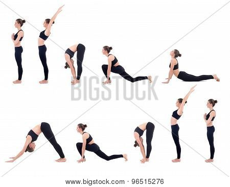 Beautiful Slim Woman In Yoga Sun Salutation Sequence Poses Isolated On White