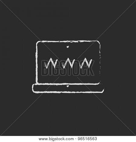 Website in laptop screen hand drawn in chalk on a blackboard vector white icon on a black background