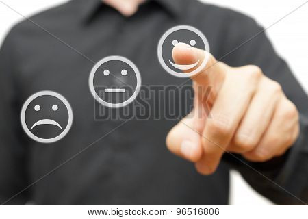 Man Is Choosing Happy,positive Smile Icon, Concept Of Satisfaction And Improvment