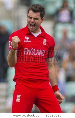 LONDON, ENGLAND - June 19 2013: James Anderson appeals for the wicket of Colin Ingramduring the ICC Champions Trophy semi final match between England and South Africa at The Oval Cricket Ground