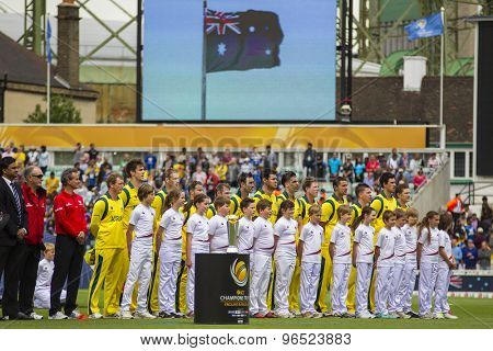 LONDON, ENGLAND - June 17 2013: Australia line up before the ICC Champions Trophy international cricket match between Sri Lanka and Australia.