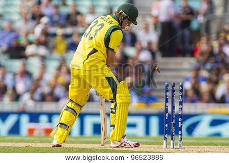 LONDON, ENGLAND - June 17 2013: Australia's Shane Watson is bowled out by Sri Lanka's Nuwan Kulasekara during the ICC Champions Trophy international cricket match between Sri Lanka and Australia.