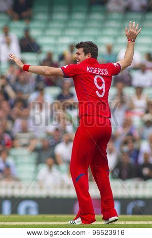 LONDON, ENGLAND - June 19 2013: James Anderson appeals for the wicket of Colin Ingramduring the ICC Champions Trophy semi final match between England and South Africa at The Oval Cricket Ground