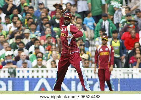 LONDON, ENGLAND - June 07 2013: West Indies Chris Gayle fielding during the ICC Champions Trophy cricket match between Pakistan and The West Indies at The Oval Cricket Ground.