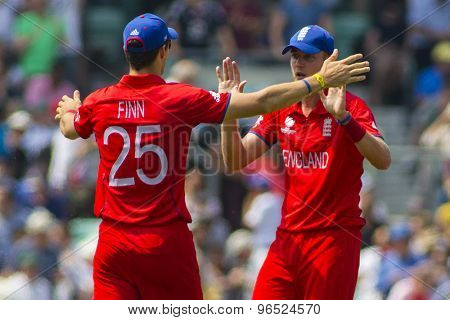 LONDON, ENGLAND - June 19 2013: England's Steven Finn and Stuart Broad celebrate during the ICC Champions Trophy semi final match between England and South Africa at The Oval Cricket Ground