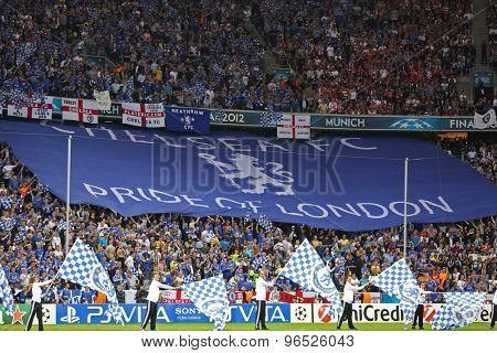 MUNICH, GERMANY May 19 2012. A chelsea banner during the 2012 UEFA Champions League Final at the Allianz Arena Munich contested by Chelsea and Bayern Munich