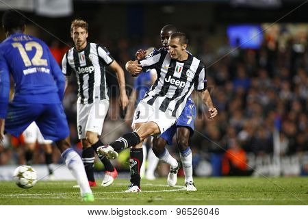 LONDON, ENGLAND. September 19 2012 Juventus's Italian defender Giorgio Chiellini kicks the ball  during the UEFA Champions League football match between Chelsea and Juventus played at Stamford Bridge