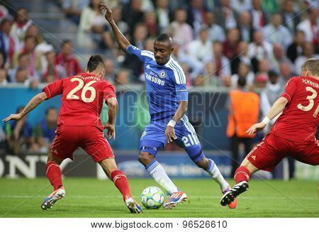 MUNICH, GERMANY May 19 2012. Bayern's defender Diego Contento Chelsea's forward Salomon Kalou and Bayern's midfielder Bastian Schweinsteiger in action during the 2012 UEFA Champions League Final