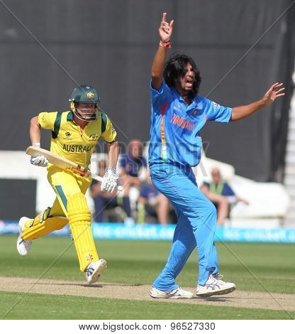 CARDIFF, WALES - June 04 2013:  India's Irfan Pathan successfully appeals for the wicket of Australia's James Faulkner during the ICC Champions Trophy warm up match between India and Australia