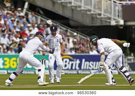 LONDON, ENGLAND. AUGUST 17 2012 England's Matt Prior stumps out South Africa's Vernon Philander during the third Investec cricket  test match between England and South Africa, at Lords Cricket Ground
