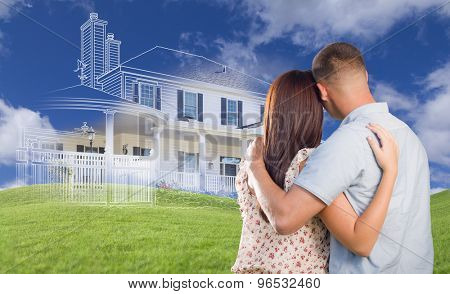 Young Military Couple Facing Ghosted House Drawing, Partial Photo and Rolling Green Hills.