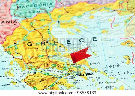 Athens pinned on a map of europe