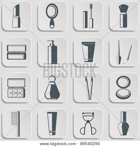 Cosmetics vector icons set on gray.