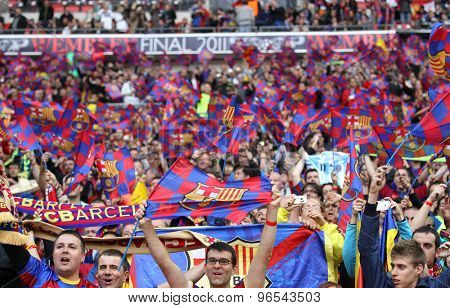 LONDON, ENGLAND. May 28 2011: Fans of Barcelona during the 2011UEFA Champions League final between Manchester United and FC Barcelona, at Wembley Stadium