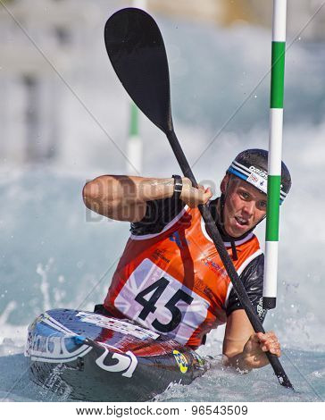 LONDON, ENGLAND - JUNE 06 2014 Joseph Clarke of Great Britain competes at the ICF Canoe Slalom held at the Lea Valley White Water centre Waltham Abbey.