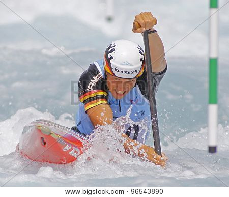 LONDON, ENGLAND - JUNE 06 2014 Anton Franz of Germany competes at the ICF Canoe Slalom held at the Lea Valley White Water centre Waltham Abbey. 