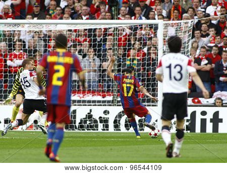 LONDON, ENGLAND. May 28 2011: Barcelona's midfielder Pedro RodrÃ?ÃÂ¢??guez takes a shot at goal during the 2011UEFA Champions League final between Manchester United and FC Barcelona, at Wembley Stadium