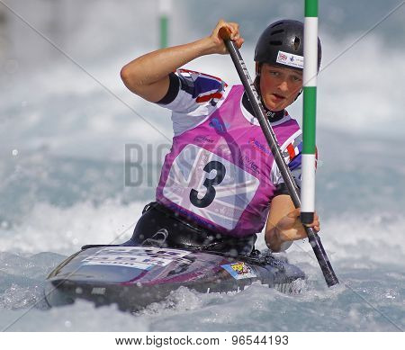 LONDON, ENGLAND - JUNE 06 2014 Mallory Franklin of Great Britain competes at the ICF Canoe Slalom held at the Lea Valley White Water centre Waltham Abbey.