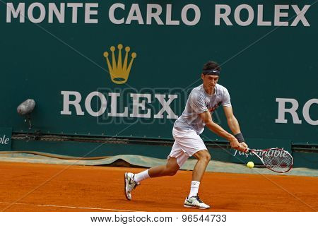 MONTE CARLO, MONACO. APRIL 16 2012 Bernard Tomic (AUS) in action during the first round match between Bernard Tomic (AUS) and Denis Istomin (UZB) at the ATP Monte Carlo Masters  
