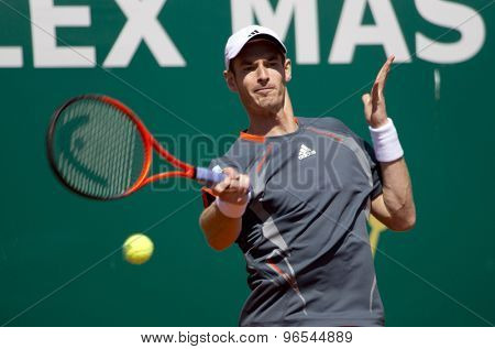 MONTE CARLO, MONACO. APRIL 17 2012 Andy Murray (GBR) in action during the second round match betweenAndy Murray (GBR) and Viktor Troicki (SRB)  at the ATP Monte Carlo Masters  .