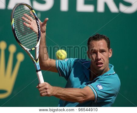 MONTE CARLO, MONACO. APRIL 17 2012 Michael Llodra (FRA) in action during the second round match between Michael Llodra (FRA) and Fabio Fognini (ITA) at the ATP Monte Carlo Masters  .