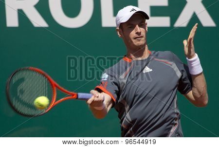 MONTE CARLO, MONACO. APRIL 17 2012 Andy Murray (GBR) in action during the second round match betweenAndy Murray (GBR) and Viktor Troicki (SRB)  at the ATP Monte Carlo Masters  .