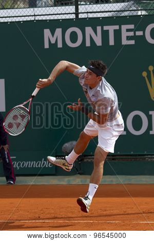 MONTE CARLO, MONACO. APRIL 18 2012 Bernard Tomic (AUS)  in action during the second round match between Bernard Tomic (AUS) and Alexandr Dolgopolov (UKR)  at the ATP Monte Carlo Masters  .