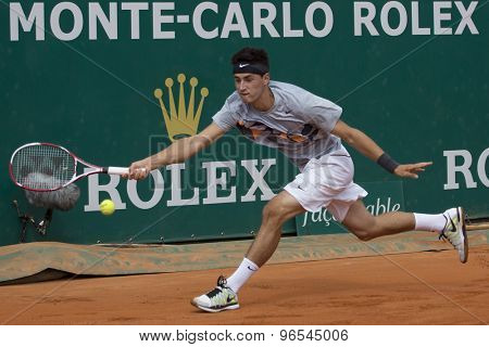 MONTE CARLO, MONACO. APRIL 18 2012 Bernard Tomic (AUS)  in action during the second round match between Bernard Tomic (AUS) and Alexandr Dolgopolov (UKR)  at the ATP Monte Carlo Masters  .