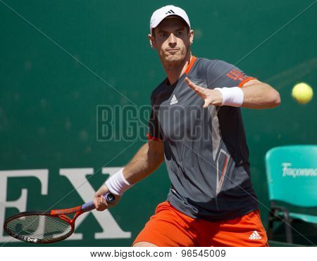 MONTE CARLO, MONACO. APRIL 17 2012 Andy Murray (GBR) in action during the second round match betweenAndy Murray (GBR) and Viktor Troicki (SRB)  at the ATP Monte Carlo Masters  .