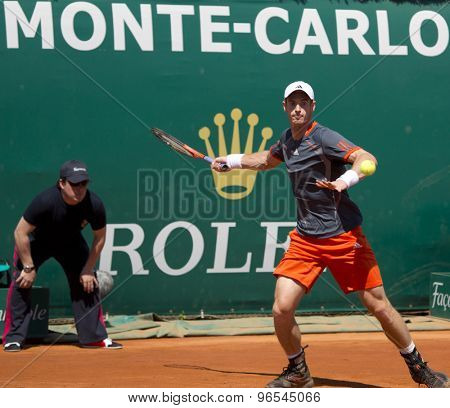 MONTE CARLO, MONACO. APRIL 17 2012 Andy Murray (GBR) in action during the second round match betweenAndy Murray (GBR) and Viktor Troicki (SRB)  at the ATP Monte Carlo Masters  .