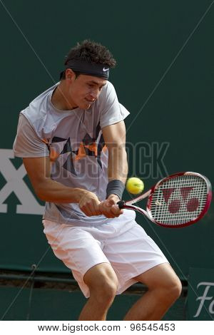 MONTE CARLO, MONACO. APRIL 18 2012 Bernard Tomic (AUS)  in action during the second round match between Bernard Tomic (AUS) and Alexandr Dolgopolov (UKR)  at the ATP Monte Carlo Masters  .