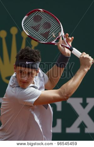 MONTE CARLO, MONACO. APRIL 18 2012 Bernard Tomic (AUS)  in action during the second round match between Bernard Tomic (AUS) and Alexandr Dolgopolov (UKR)  at the ATP Monte Carlo Masters  .