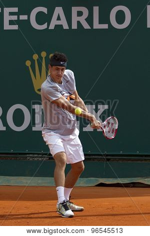 MONTE CARLO, MONACO. APRIL 18 2012 Bernard Tomic (AUS)  in action during the second round match between Bernard Tomic (AUS) and Alexandr Dolgopolov (UKR)  at the ATP Monte Carlo Masters  .