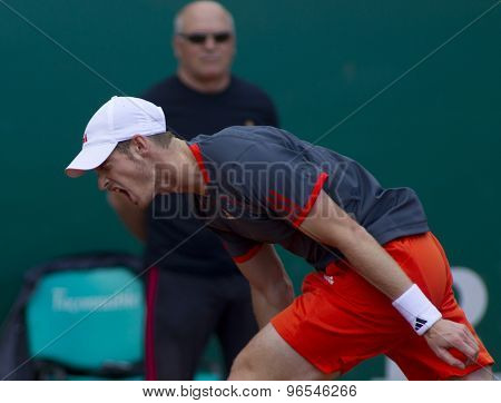 MONTE CARLO, MONACO. APRIL 20 2012 Andy Murray (GBR) reacts after missing a shot during the quarter final singles match between Andy Murray (GBR) and Tomas Berdych (CZE) at the ATP Monte Carlo Masters