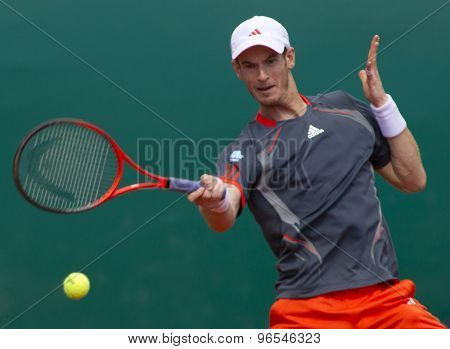 MONTE CARLO, MONACO. APRIL 20 2012 Andy Murray (GBR) in action during the quarter final singles match between Andy Murray (GBR) and Tomas Berdych (CZE) at the ATP Monte Carlo Masters  .