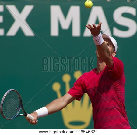 MONTE CARLO, MONACO. APRIL 20 2012 Tomas Berdych (CZE) in action during the quarter final singles match between Andy Murray (GBR) and Tomas Berdych (CZE) at the ATP Monte Carlo Masters  .