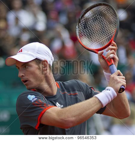 MONTE CARLO, MONACO. APRIL 20 2012 Andy Murray (GBR) in action during the quarter final singles match between Andy Murray (GBR) and Tomas Berdych (CZE) at the ATP Monte Carlo Masters  .