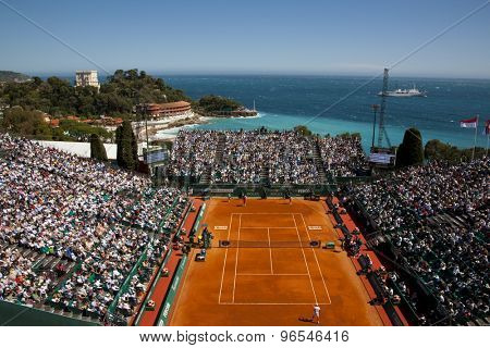 MONTE CARLO, MONACO. APRIL 21 2012 A general view of the club during the semi final singles match between Novak Djokovic (SRB) and Tomas Berdych (CZE) at the ATP Monte Carlo Masters  .