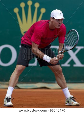 MONTE CARLO, MONACO. APRIL 20 2012 Tomas Berdych (CZE) in action during the quarter final singles match between Andy Murray (GBR) and Tomas Berdych (CZE) at the ATP Monte Carlo Masters  .