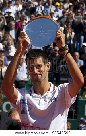 MONTE CARLO, MONACO. APRIL 22 2012 Novak Djokovic (SRB) with his trophy for runner up in the final singles  at the ATP Monte Carlo Masters
