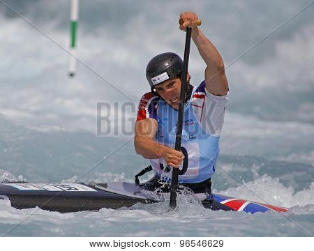 LONDON, ENGLAND - JUNE 06 2014 Thomas Quinn of Great Britain competes at the ICF Canoe Slalom held at the Lea Valley White Water centre Waltham Abbey.