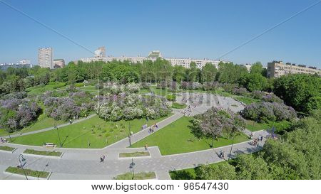 People get rest in Lilac Garden with Dry Fountain at spring sunny day. Aerial view. Garden total area is about 7 hectares.