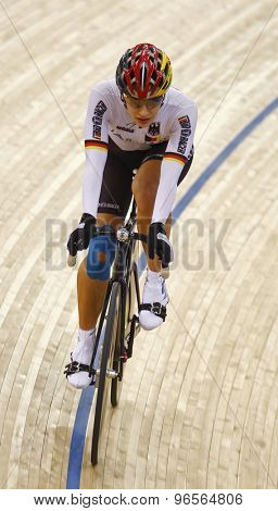 LONDON, ENGLAND. FEBRUARY 19 2012: Miriam Welte (GER) in action during the womens keirin at the UCI Track Cycling World Cup at the London Velodrome, Queen Elizabeth 2nd Park