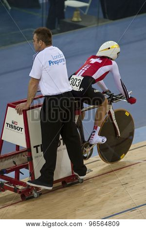 LONDON, ENGLAND. FEBRUARY 18 2012: Pascale Schnider (SUI) in action at the UCI Track Cycling World Cup at the London Velodrome, Queen Elizabeth 2nd Park