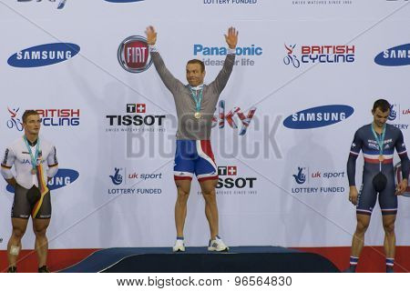 LONDON, ENGLAND. FEBRUARY 18 2012: Sir Chris Hoy (GBR) celebrates winning the men's Keirin at the UCI Track Cycling World Cup at the London Velodrome, Queen Elizabeth 2nd Park