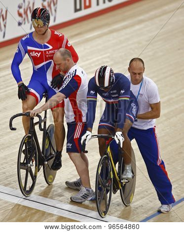 LONDON, ENGLAND. FEBRUARY 19 2012: Sir Chris Hoy (GBR)(L) and Gregory Bauge (FRA)(R) compete at the UCI Track Cycling World Cup at the London Velodrome, Queen Elizabeth 2nd Park