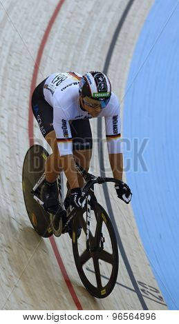 LONDON, ENGLAND. FEBRUARY 19 2012: Maximillian Levy (GER) competes in the mens sprint at the UCI Track Cycling World Cup at the London Velodrome, Queen Elizabeth 2nd Park